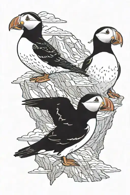 3 puffins soaring atop rocky mountains tattoo design idea