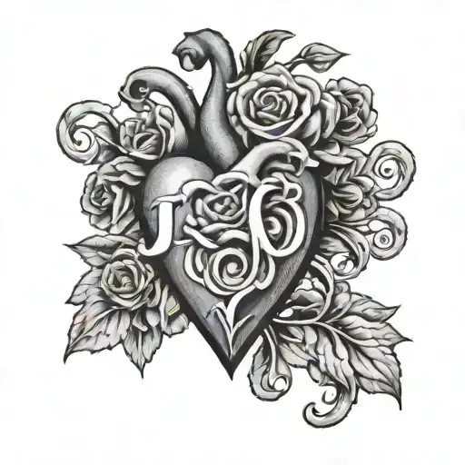 heart, blood, flowers, letter J tattoo design idea