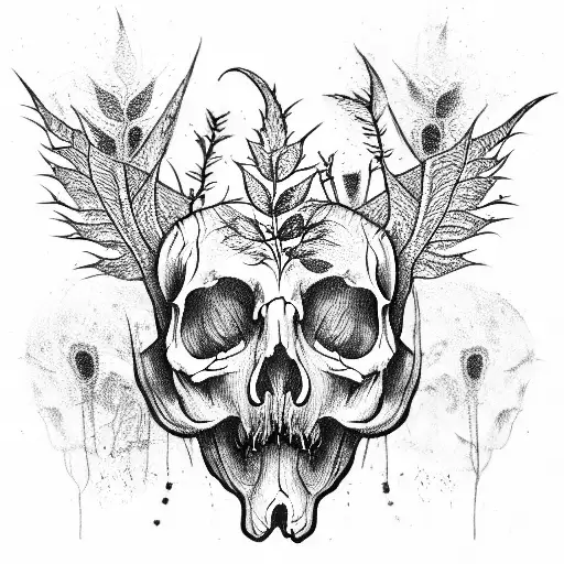 A "Plague" face maden from rat and raven skull with leaves tattoo design idea