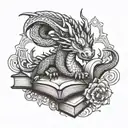 books and kawaii dragon, mandala design inspired tattoo featuring tattoo design idea