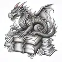 books and kawaii dragon, mandala design inspired tattoo featuring tattoo design idea