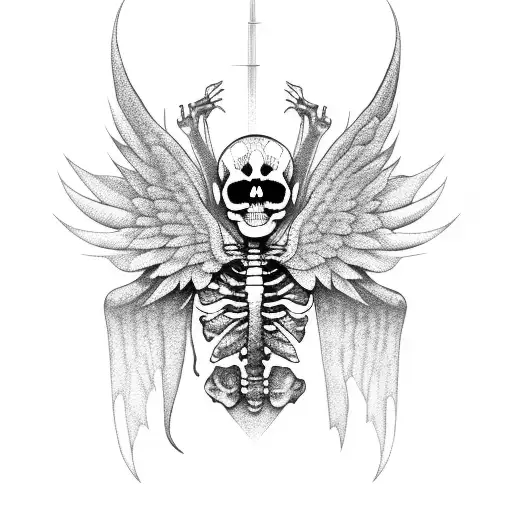 praying skeleton with wings tattoo design idea