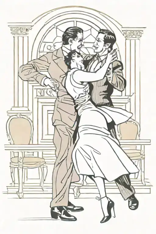 A couple dancing tango and drinking wine in front of the theater stage tattoo design idea
