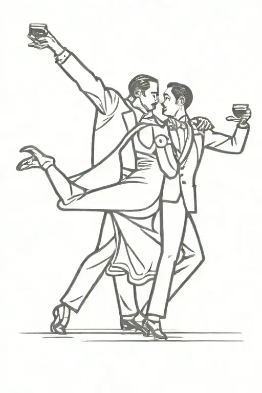A couple dancing tango and drinking wine in front of the theater stage tattoo design idea