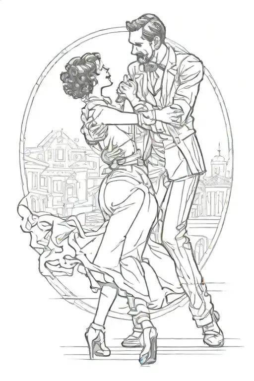A couple dancing tango and drinking wine in front of the theater stage tattoo design idea