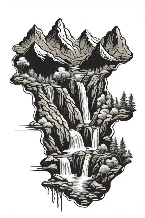 mountain range with waterfalls that run down into a river tattoo design idea