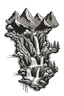 mountain range with waterfalls that run down into a river tattoo design idea