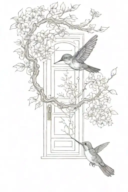 humming bird garden flowers tree with door leading tattoo design idea