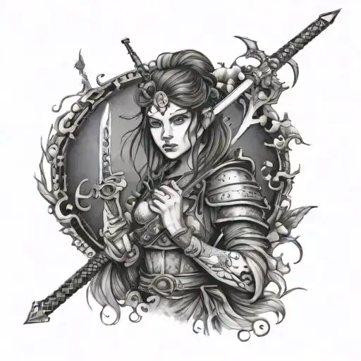 mystical warrior princess with a mystical katana tattoo design idea