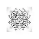 a yin-yang above three Kanji: love, hate and sacrifice with ink intertwined between each Kanji, all in a diamond point tattoo design idea