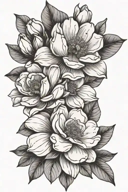 magnolia flower, camellia flower, and violet flower tattoo design idea