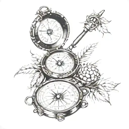 A surveyor's compass surrounded by beer hops and barley tattoo design idea