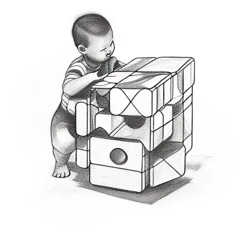 A playful tattoo design showcasing a child playing with a Rubik's cube in a sketch style. tattoo design idea