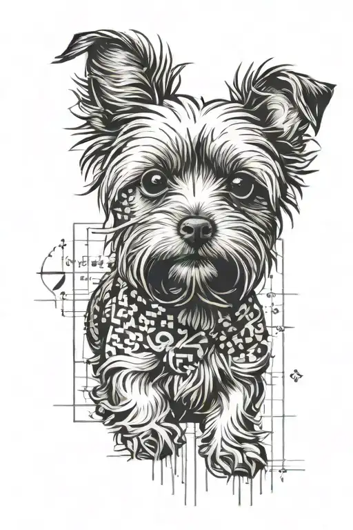 Create a black-grey tattoo of a Yorkie puppy dog surrounded by a pattern of numbers and equations, reflecting the client's love for their pet and their profession as an accountant tattoo design idea