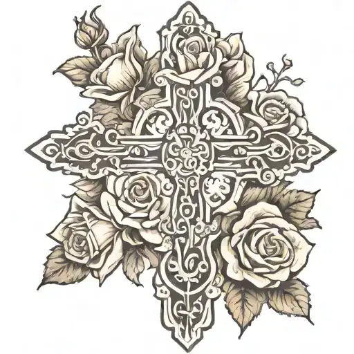 rustic cross surrounded with roses   tattoo design idea