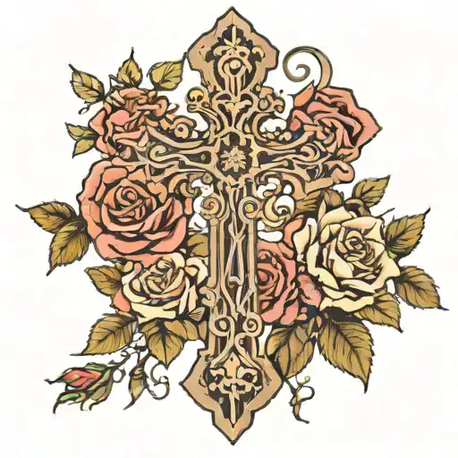 Rustic cross surrounded with roses intertwined tattoo design idea