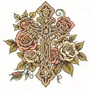 Rustic cross surrounded with roses intertwined tattoo design idea