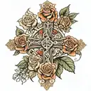 Rustic cross surrounded with roses intertwined tattoo design idea