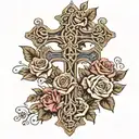 Rustic cross surrounded with roses intertwined tattoo design idea