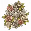 Rustic cross surrounded with roses intertwined tattoo design idea