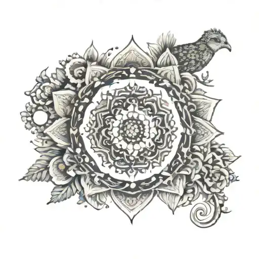 A whimsical nature-inspired mandala design featuring elements like trees, flowers, and animals, with the name 'Azalia' woven into the intricate patterns tattoo design idea