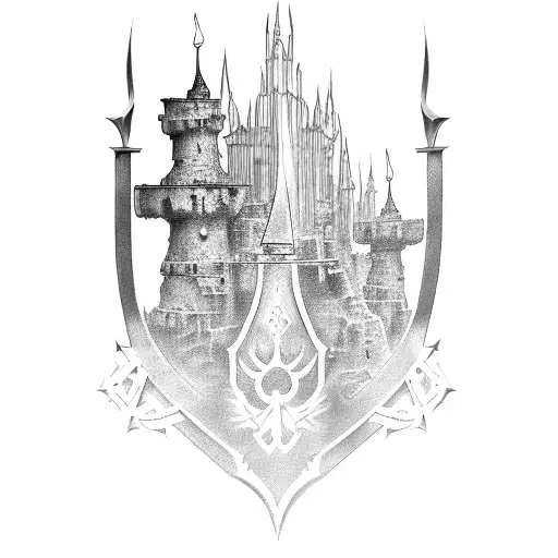 fantasy sword and towers dark tattoo design idea