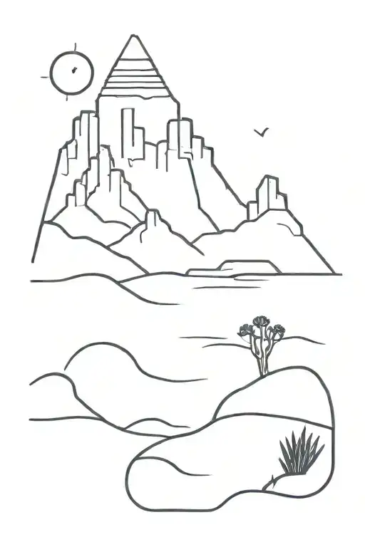 A minimalist tattoo of a desert landscape with a hidden video game character exploring the scene tattoo design idea