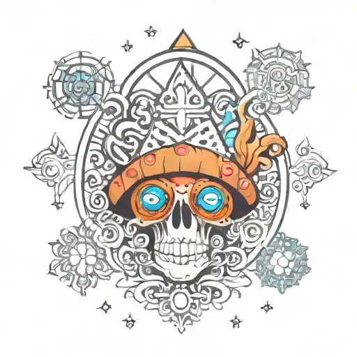 Using the word God with the design of the mushroom and the third eye and the seven human chakras in a fancy way with hap tattoo design idea