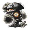 about God with the design of the mushroom and the third eye and the seven human chakras in a fancy way with hap tattoo design idea
