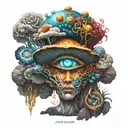 about God with the design of the mushroom and the third eye and the seven human chakras in a fancy way with hap tattoo design idea