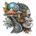 about God with the design of the mushroom and the third eye and the seven human chakras in a fancy way with hap tattoo design idea