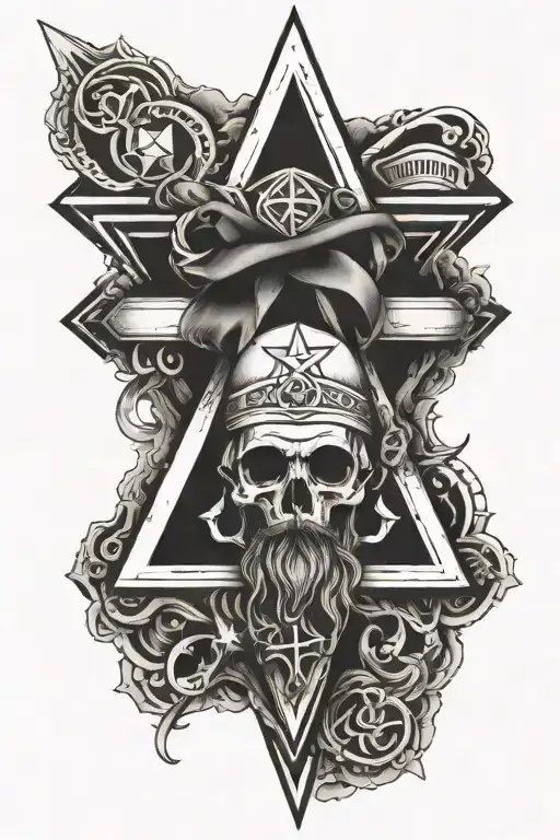 a cross that has Allah on top hat and a hanging Christ on left and a Illuminati triangle on right  tattoo design idea