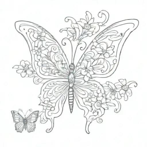 butterfly with one side of wing covered in flowers, put these 3 initials somewhere, BS, KC, MC tattoo design idea