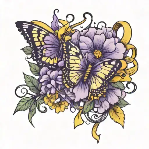 purple flowers blooming, butterflies, yellow ribbon  tattoo design idea