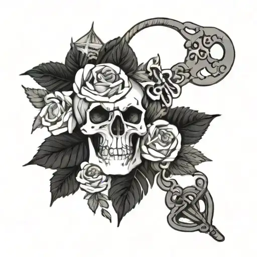 weed and handcuff roses skull tattoo design idea