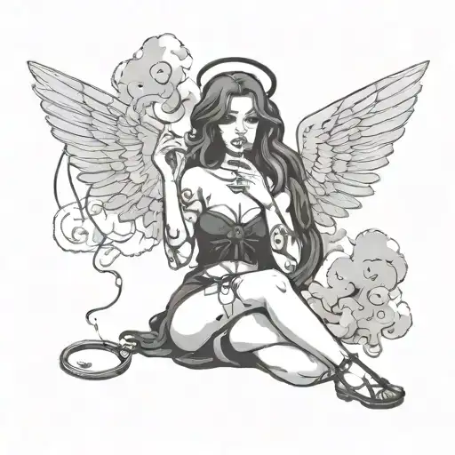 angel smoking a joint surrounded by smoke and handcuffs and i want it in my thigh  tattoo design idea