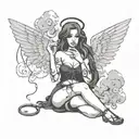 angel smoking a joint surrounded by smoke and handcuffs and i want it in my thigh  tattoo design idea