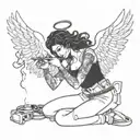 angel smoking a joint surrounded by smoke and handcuffs and i want it in my thigh  tattoo design idea