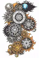 Gears of death and life, light and dark, shadow and brightness, moon and sun, luna and sol tattoo design idea