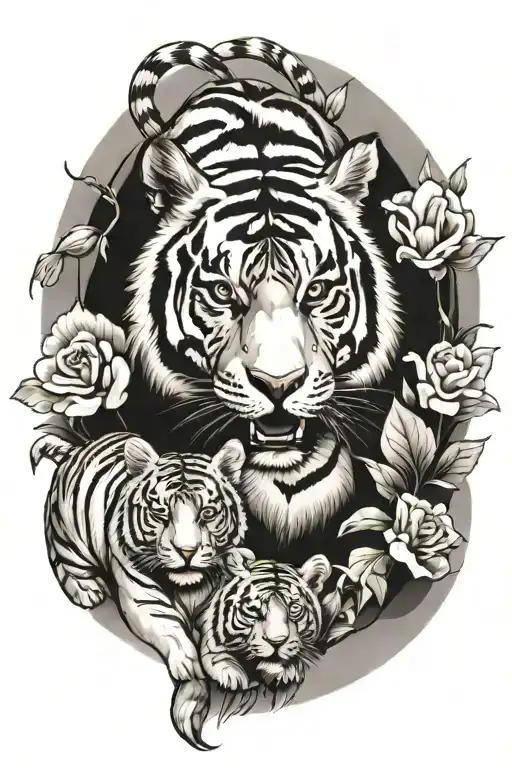 tiger with cub surrounded tattoo design idea