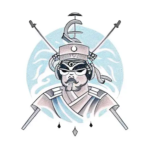 Design a traditional tattoo featuring a customer service representative in a samurai armor tattoo design idea