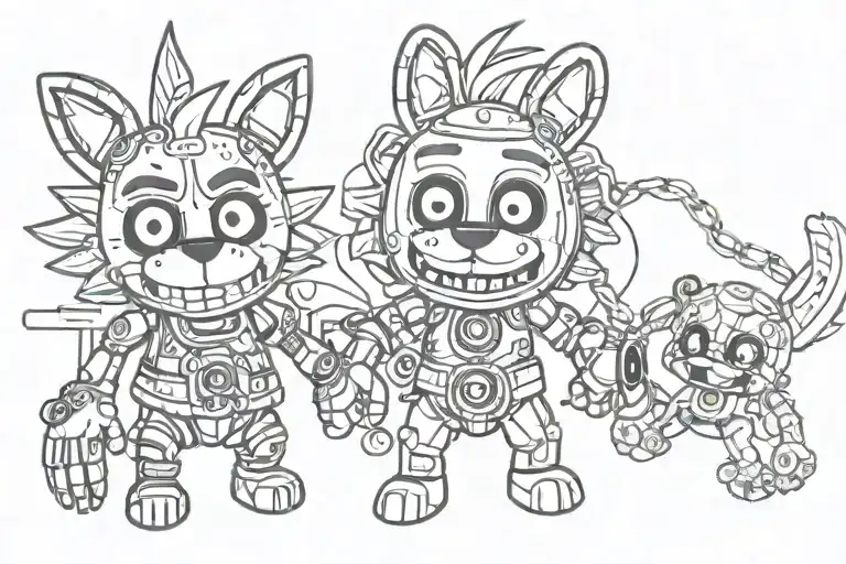 Five nights at freddys security breach sun and moon characters in fine line and dot work in the style of an anklet brace tattoo design idea