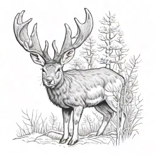 black and white pencil drawing of a jackalope in a forest clearing tattoo design idea
