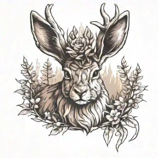 linework of a realistic jackalope in a clearing tattoo design idea