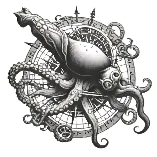 An octopus wrapped around a compass, symbolizing the engineer's ability to navigate through challenges with flexibility and intelligence tattoo design idea