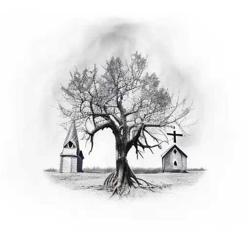 Broken down church with dead trees around it tattoo design idea
