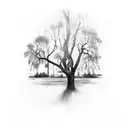 Broken down church with dead trees around it tattoo design idea