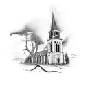 Broken down church with dead trees around it tattoo design idea