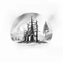 Broken down church with dead trees around it tattoo design idea