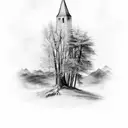 Broken down church with dead trees around it tattoo design idea